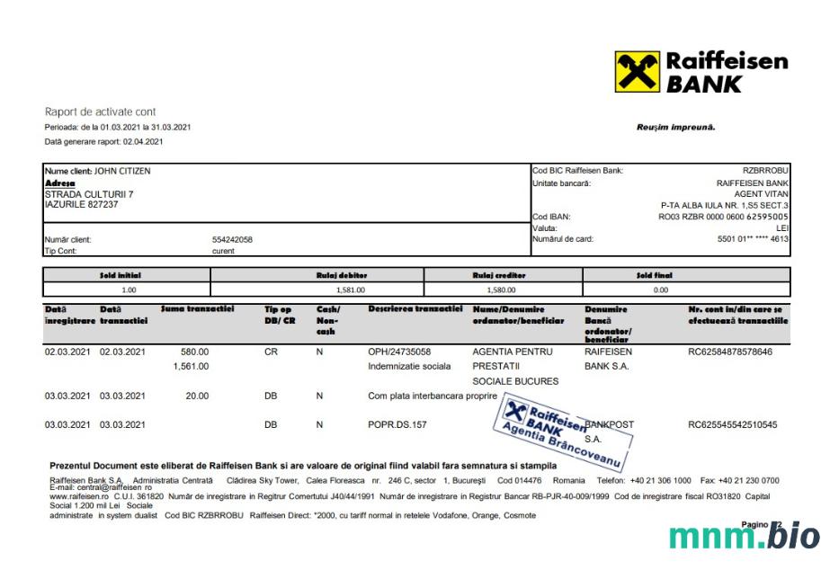 Romania Raiffeisen wzór wyciągu bankowego in Excel and PDF format (in Romanian language)